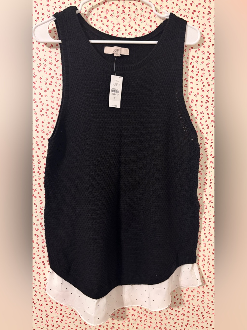 LOFT Black Knit Sleeveless Tank with Cream Polka-Dot Layer